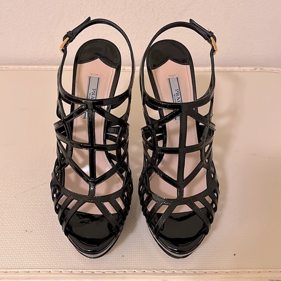 Prada Black Patent Leather Caged Platform Heels - Picture 4 of 16